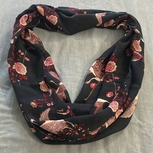 Women’s infinity scarf, blue with red and pink flowers and bird design.